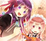  2girls :d alternate_costume arianna_(sekaiju) artist_request chloe_(sekaiju) drooling dutch_angle enmaided food hair_ornament holding holding_food holding_plate maid maid_headdress meat multiple_girls no_eyewear open_mouth pink_eyes pink_hair plate purple_hair sekaiju_no_meikyuu shin_sekaiju_no_meikyuu_2 smile upper_body violet_eyes 