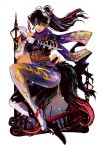  1girl black_hair bodysuit clenched_hand commentary_request earrings fake_tail floral_print fox_mask fox_tail full_body highres holding holding_sword holding_weapon jbstyle jewelry kunimitsu_ii long_hair mask mask_on_head mole mole_under_mouth multiple_tails namco ninja ninjatou obi official_art ponytail print_scarf purple_hair purple_scarf reverse_grip sash scarf short_sword solo sword tail tekken tekken_7 violet_eyes weapon whisker_markings 