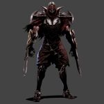  1boy absurdres armor blade breastplate claw_(weapon) full_body glowing glowing_eyes greaves grey_background helm helmet highres league_of_legends male_focus mask muscle ninja pauldrons red_eyes scratches seung_eun_kim shoulder_armor shuriken simple_background solo standing torn torn_clothes veins weapon weapon_on_back zed_(league_of_legends) 