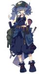  1girl adapted_costume backpack bag baggy_pants black_tank_top blue_eyes blue_footwear blue_hair blue_pants blush breasts commentary full_body green_bag green_headwear hair_bobbles hair_ornament hat highres kawashiro_nitori key medium_breasts midriff_peek navel nikorashi-ka one_eye_closed open_mouth pants pouch shoes short_hair simple_background solo tank_top touhou two_side_up white_background wrench 
