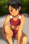  1girl absurdres bangs bare_arms bare_legs bare_shoulders black_hair blurry blurry_background blush brown_eyes buruma closed_mouth collarbone depth_of_field disconnected_mouth eyebrows_visible_through_hair feet_out_of_frame head_tilt highres knee_up looking_at_viewer matsunaga_kouyou navel nose_blush original outdoors ponytail red_buruma sitting smile solo sports_bra stomach tan 