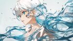  1girl aqua_eyes bangs character_request choker ciloranko commentary_request from_side highres liquid_hair long_hair looking_to_the_side parted_lips simple_background solo upper_body water white_hair 