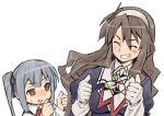  2girls ashigara_(kantai_collection) bangs blush breasts brown_eyes brown_hair closed_eyes double_thumbs_up eyebrows_visible_through_hair gloves grey_hair grin hair_ribbon hairband harukaze_unipo height_difference kantai_collection kasumi_(kantai_collection) long_hair long_sleeves multicolored_neckwear multiple_girls open_mouth ponytail remodel_(kantai_collection) ribbon side_ponytail simple_background smile sweat thumbs_up white_background white_gloves white_hairband 