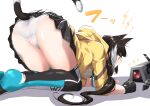  1girl all_fours animal_ears ass black_gloves black_hair black_skirt breasts cat_ears cat_tail fingerless_gloves girls_frontline gloves highres jacket large_breasts long_hair miniskirt mishima_hiroji multicolored_hair over-kneehighs panties pleated_skirt red_eyes ro635_(girls_frontline) skirt streaked_hair tail thigh-highs underwear white_hair white_panties yellow_jacket 