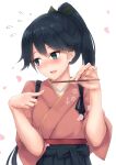  1girl anchor_symbol black_eyes black_hair black_hakama blush eyebrows_visible_through_hair flying_sweatdrops food hair_between_eyes hakama highres holding holding_food houshou_(kantai_collection) japanese_clothes k_jie kantai_collection kimono long_hair open_mouth petals pink_kimono pocky ponytail simple_background solo upper_body white_background wide_sleeves 