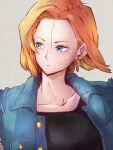  1girl android_18 blonde_hair blue_eyes collarbone dragon_ball dragon_ball_z earrings grey_background jewelry kemachiku looking_to_the_side short_hair simple_background solo upper_body 