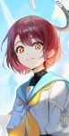  +_+ 1girl angel blue_sky closed_mouth clouds cloudy_sky cropped face hair_between_eyes halo looking_at_viewer number original redhead school_uniform serafuku short_hair sky smile solo soyoong_jun upper_body wings yellow_neckwear 