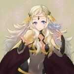  1girl bikini blonde_hair blue_eyes breasts circlet closed_mouth cute dark_mage_(fire_emblem_fates) fire_emblem fire_emblem_14 fire_emblem_fates fire_emblem_heroes fire_emblem_if harumori_kou highres intelligent_systems long_hair looking_at_viewer medium_breasts nintendo ophelia_(fire_emblem) ophelia_(fire_emblem_if) outstretched_hand shiny simple_background smile sparkle super_smash_bros. 