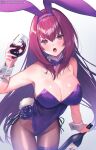  1girl :o animal_ears blush bottle breasts cup detached_collar drinking_glass drunk fake_animal_ears fate/grand_order fate_(series) fishnet_legwear fishnets hair_intakes hairband highres large_breasts leotard piercing_bunny playboy_bunny purple_hair purple_hairband purple_leotard red_eyes scathach_(fate)_(all) scathach_(fate/grand_order) solo strapless strapless_leotard suzuho_hotaru wine_bottle wine_glass 