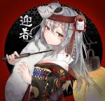  1girl absurdres alternate_costume bangs black_eyes black_kimono blush closed_mouth eyebrows_visible_through_hair floral_print flower fox_mask from_side g11_(girls_frontline) girls_frontline grey_hair hair_flower hair_ornament highres holding japanese_clothes kimono lantern long_hair long_sleeves mask messy_hair nail_polish new_year obi sakana-ko sash solo upper_body wide_sleeves 