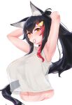 animal_ear_fluff animal_ears armpits arms_up black_hair crop_top crop_top_overhang highres hololive jefflink multicolored_hair navel ookami_mio ponytail sleeveless streaked_hair translucent_shirt virtual_youtuber wolf_ears wolf_girl