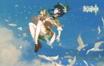  1boy bard bird black_hair blue_eyes blue_hair braid cape clouds cloudy_sky dove feathers floating flower genshin_impact gradient_hair green_headwear hair_flower hair_ornament hat highres leaf leaf_hair_ornament long_sleeves looking_at_viewer lyre male_focus meichu multicolored_hair one_eye_closed open_mouth otoko_no_ko pantyhose ribbon shoes shorts sky smile solo thigh-highs twin_braids venti_(genshin_impact) vision_(genshin_impact) white_flower white_legwear 