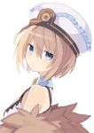  1girl bare_shoulders blanc blue_eyes brown_hair buran_buta coat dress fur_trim hair_between_eyes hand_on_own_head hat highres looking_at_viewer neptune_(series) short_hair simple_background solo upper_body white_background white_dress 