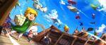  1girl barefoot blikeeeey blonde_hair blue_sky clothes_pin clouds highres laundry laundry_basket link open_mouth pointy_ears sky smile tetra the_legend_of_zelda the_legend_of_zelda:_the_wind_waker toon_link wind 