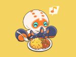  clobbopus closed_eyes commentary_request curry eating food gen_8_pokemon highres holding holding_spoon musical_note no_humans plate pokemon pokemon_(creature) rice simple_background solo spoken_musical_note spoon tiduco yellow_background 