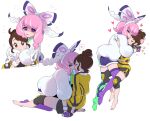  2girls absurdres asymmetrical_legwear barefoot black_shorts blush bracelet brown_hair collared_shirt commentary_request dynamax_band eyelashes fur_jacket gloria_(pokemon) gloves hair_bun heart highres hug jacket jewelry klara_(pokemon) knee_pads looking_at_viewer master_dojo_uniform mira_(miramita8727) mole mole_under_mouth multiple_girls partially_fingerless_gloves pink_hair pink_lips pokemon pokemon_(game) pokemon_swsh purple_eyeshadow ring sash shirt short_hair shorts side_slit side_slit_shorts single_glove spoken_heart thigh-highs toes violet_eyes wavy_mouth white_gloves white_jacket yellow_jacket yuri 