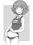  +++ 1girl absurdres akiyama_yukari bangs border character_name cowboy_shot dutch_angle eyebrows_visible_through_hair girls_und_panzer greyscale groin highres looking_at_viewer messy_hair monochrome name_tag navel old_school_swimsuit one-piece_swimsuit open_mouth outside_border renshiu school_swimsuit short_hair smile solo standing swimsuit swimsuit_lift swimsuit_pull translated 