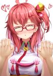  absurdres ahoge bespectacled breasts closed_eyes commentary_request embarrassed glasses hair_between_eyes hair_ornament highres holding_hands hololive incoming_kiss large_breasts looking_at_viewer pink_hair portrait pov pov_hands sakura_miko side_ponytail starkamisan virtual_youtuber white_background 
