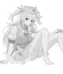  1girl arm_support collared_shirt dress greyscale hat heart highres knees_up long_hair looking_at_viewer merri_mack monochrome natori_sana no_shoes nurse nurse_cap panties pantyhose pantyshot puffy_short_sleeves puffy_sleeves sana_channel shirt short_sleeves sitting smile solo thighband_pantyhose two_side_up underwear wing_collar 