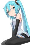  1girl abmayo aqua_eyes aqua_hair aqua_neckwear bangs bare_shoulders between_legs black_legwear black_skirt blush breasts closed_mouth detached_sleeves foot_out_of_frame from_side hair_between_eyes hair_ornament hand_between_legs hatsune_miku long_hair looking_at_viewer looking_to_the_side miniskirt necktie pleated_skirt shirt simple_background sitting skirt sleeveless sleeveless_shirt smile solo symbol_commentary thigh-highs twintails v_arms very_long_hair vocaloid wariza white_background zettai_ryouiki 