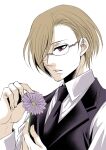  1boy black_neckwear black_vest blonde_hair flower formal fumizuki_ayako glasses hair_over_one_eye hand_up long_sleeves looking_at_viewer louis_james_moriarty male_focus necktie parted_lips red_eyes simple_background solo upper_body vest white_background yuukoku_no_moriarty 