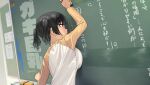  1girl arm_up board_eraser breast_press breasts chalkboard commentary_request highres kaedeko_(kaedelic) large_breasts long_sleeves original red_eyes saki_sasaki_(kaedeko) shirt short_hair signature solo translation_request twintails upper_body 