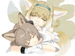  2girls :3 animal_ears arknights black_gloves blonde_hair blue_headband bracelet braid brown_hair closed_eyes coat commentary earpiece extra_ears eyebrows_visible_through_hair fox_ears fox_tail gloves headband highres jewelry multicolored_hair multiple_girls multiple_tails petting sf_solaris simple_background single_glove sketch sleeping smile sussurro_(arknights) suzuran_(arknights) sweatdrop tail white_background white_coat white_gloves white_hair yuri 