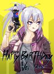  1girl blue_eyes character_name crossover cyberpunk cyberpunk_2077 english_commentary fuku_(fuku12290574) gun happy_birthday highres holding holding_gun holding_weapon indie_virtual_youtuber jacket licking_lips mechanical_parts pepsi ponytail purple_jacket silver_hair soda soda_bottle solo tied_hair tongue tongue_out v-shaped_eyebrows vei_(vtuber) virtual_youtuber weapon 