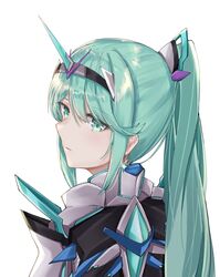  1girl bangs earrings from_behind green_eyes green_hair highres jewelry long_hair long_ponytail pneuma_(xenoblade) ponytail portrait sarasadou_dan simple_background solo swept_bangs tiara white_background xenoblade_chronicles_(series) xenoblade_chronicles_2 