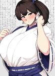  1girl anchor_earrings blue_hakama breasts brown_eyes brown_hair commentary_request earrings hakama highres huge_breasts japanese_clothes jewelry kaga_(kantai_collection) kantai_collection konoshige_(ryuun) long_hair short_sidetail side_ponytail solo tasuki translation_request upper_body 