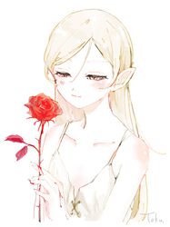  1girl artist_name bakemonogatari bangs bare_shoulders blonde_hair blood bloody_hands blush closed_mouth collarbone dress eyebrows_visible_through_hair fang flat_chest flower hair_between_eyes holding holding_flower kf8fw kiss-shot_acerola-orion_heart-under-blade kizumonogatari long_hair looking_down monogatari_(series) oshino_shinobu pointy_ears red_flower rose simple_background sleeveless sleeveless_dress smile solo upper_body white_background white_dress yellow_eyes 