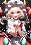  1girl :d bangs blonde_hair eyebrows_visible_through_hair fangs flandre_scarlet floating_hair flower highres holding holding_flower long_hair long_sleeves looking_at_viewer nail_polish open_mouth red_eyes red_flower red_nails side_ponytail smile solo touhou white_sleeves yukia_(yukia_777) 