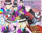  2boys absurdres asymmetrical_gloves avery_(pokemon) ball_guy black_headwear black_legwear black_neckwear blonde_hair blue_eyes commentary_request cravat dynamax_band floating floating_object glasses gloves hat highres long_hair looking_at_viewer male_focus mira_(miramita8727) multiple_boys multiple_views number poke_ball poke_ball_(basic) pokemon pokemon_(game) pokemon_swsh round_eyewear shoes shorts smile socks telekinesis top_hat translation_request 