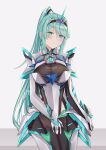  1girl bangs breasts chest_jewel cowboy_shot earrings gloves green_eyes green_hair head_tilt highres jewelry large_breasts long_hair long_ponytail pneuma_(xenoblade) ponytail sarasadou_dan solo swept_bangs tiara very_long_hair xenoblade_chronicles_(series) xenoblade_chronicles_2 