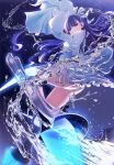  1girl droplet fate/extra fate/extra_ccc fate/grand_order fate_(series) hair_ribbon highres long_hair meltryllis mogamicoji prosthesis prosthetic_leg purple_hair ribbon sleeves_past_fingers sleeves_past_wrists water 