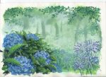  blue_flower border day flower forest highres hydrangea nature no_humans original outdoors sawitou_mizuki scenery traditional_media white_border 