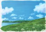  blue_sky border clouds daisy day field flower grass highres hill lake nature no_humans original outdoors sawitou_mizuki scenery sky traditional_media white_border white_flower 