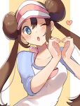  1girl bangs blue_eyes blush bow breasts brown_hair collarbone commentary_request double_bun eyelashes floating_hair hair_between_eyes hands_up head_tilt heart heart_hands highres long_hair one_eye_closed open_mouth pink_bow pokemon pokemon_(game) pokemon_bw2 raglan_sleeves ririmon rosa_(pokemon) shirt sidelocks sketch sleeves_past_elbows solo twintails two-tone_background visor_cap 