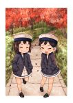  2girls black_footwear black_hair blue_cardigan blush border cardigan closed_eyes daitou_(kantai_collection) day dress grin hands_in_pockets harukaze_unipo hat hiburi_(kantai_collection) highres kantai_collection leaf multiple_girls open_mouth outdoors ponytail sailor_dress sailor_hat scenery short_hair short_ponytail smile socks tree white_border white_dress white_headwear white_legwear 