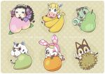  3boys 3girls :3 animal_crossing animal_ears banana bangs black_eyes black_hair black_sclera blonde_hair blunt_bangs blush blush_stickers border brown_background brown_hair bunny_tail cat_boy cat_ears cat_tail chibi chrissy_(animal_crossing) closed_eyes colton_(animal_crossing) commentary_request durian english_text epaulettes fake_animal_ears food freckles fruit furry hairband hand_up hands_up happy hood horns horse_boy light_blush lipstick looking_at_viewer makeup mint_(animal_crossing) muffy_(animal_crossing) multiple_boys multiple_girls one_eye_closed open_mouth orange outline oversized_object peach pear plaid_neckwear polka_dot polka_dot_background rabbit_ears rabbit_girl red_lipstick rolf_(animal_crossing) rudy_(animal_crossing) sheep_girl sheep_horns shiny shiny_hair short_hair simple_background smile squirrel_ears squirrel_girl squirrel_tail tail tiger_boy tiger_ears tiger_tail tsutsuji_(hello_x_2) white_border white_eyes white_hairband yellow_sclera 
