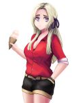  1girl black_shorts breasts casual_clothes cute dessert edelgard_von_hresvelg fire_emblem fire_emblem:_three_houses fire_emblem:_three_houses fire_emblem_16 fire_emblem_heroes food hair_ribbon ice_cream intelligent_systems long_hair looking_at_viewer nintendo red_shirt ribbon shirt shorts simple_background solo violet_eyes white_background white_hair yan_kodiac 