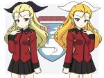  2girls assam_(girls_und_panzer) black_ribbon black_skirt blonde_hair blue_eyes closed_mouth commentary cowboy_shot dual_persona emblem epaulettes girls_und_panzer grey_background hair_pulled_back hair_ribbon hand_on_own_chest highres ichinose_jun insignia jacket long_hair long_sleeves looking_at_viewer military military_uniform miniskirt multiple_girls orange_hair outside_border pleated_skirt red_jacket ribbon skirt smile st._gloriana&#039;s_(emblem) st._gloriana&#039;s_military_uniform standing symmetry uniform white_ribbon 