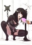  1girl architect_(girls_frontline) black_hair blush bound breasts chain chained doughnut food girls_frontline highres incoming_food karasu_hito long_hair medium_breasts no_shoes open_mouth pale_skin sangvis_ferri side_ponytail solo_focus squatting tied_up tiptoes tongue tongue_out very_long_hair 