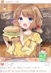 1girl american_flag blouse blue_eyes blurry blurry_background brown_hair chalkboard cheese commentary_request drink drinking_straw eating fang fast_food food hamburger highres holding holding_food ice_cream ice_cream_float idolmaster idolmaster_million_live! instagram long_sleeves looking_at_viewer low_twin_braids open_mouth plate restaurant short_hair skin_fang soda solo sorashima_(117) suou_momoko tomato translation_request yellow_blouse 