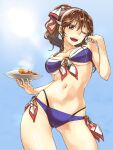  1girl abo_(hechouchou) ashigara_(kantai_collection) bikini blue_background brown_eyes brown_hair commentary_request contrapposto cowboy_shot food hairband highres horned_headwear kantai_collection layered_bikini long_hair looking_at_viewer one_eye_closed open_mouth purple_bikini solo standing steam swimsuit upper_teeth wavy_hair 