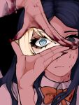  1girl @_@ black_background blonde_hair blood blood_on_face blood_on_hands blue_hair closed_mouth collared_shirt danganronpa:_trigger_happy_havoc danganronpa_(series) danganronpa_v3:_killing_harmony enoshima_junko frown glasses long_hair nail_polish paprika_(paprikach1ps) parted_bangs portrait red_nails shirogane_tsumugi shirt solo white_shirt 