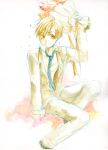  1boy alphonse_elric apiyochi arm_support black_footwear blonde_hair blue_neckwear blush bouquet closed_mouth collared_shirt colored_pencil_(medium) commentary_request eyebrows_visible_through_hair facing_viewer flower formal fullmetal_alchemist gradient gradient_background grey_jacket grey_pants hair_between_eyes hand_up happy high_collar holding holding_bouquet jacket leg_up looking_to_the_side male_focus necktie open_clothes open_jacket orange_background orange_flower orange_ribbon pale_color pants petals pink_background red_flower ribbon shaded_face shirt simple_background sitting smile suit tareme traditional_media watercolor_(medium) white_background white_shirt yellow_eyes 