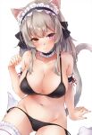  1girl animal_ears bikini black_bikini blush breasts cat_ears cat_girl cat_tail embarrassed grey_hair heterochromia highres large_breasts long_hair looking_at_viewer marisasu_(marisa0904) navel original red_eyes simple_background solo swimsuit tail thigh-highs violet_eyes white_background white_legwear 