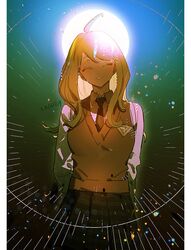  1girl akamatsu_kaede arms_behind_back backlighting bangs blonde_hair breasts closed_eyes collared_shirt cowboy_shot dangan_ronpa dated eyebrows_visible_through_hair grey_shirt hair_ornament haun long_hair long_sleeves looking_at_viewer medium_breasts musical_note_hair_ornament necktie new_dangan_ronpa_v3 pleated_skirt school_uniform shirt skirt smile solo sweater_vest symbol_commentary 