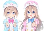  2girls :d blue_coat blue_eyes blue_headwear blue_neckwear blush bow bowtie brown_hair buran_buta coat double-breasted double_v fur-trimmed_coat fur_trim hair_between_eyes hand_up hands_up happy hat highres long_hair looking_at_viewer medium_hair multiple_girls neptune_(series) open_mouth pink_coat pink_headwear pink_neckwear pom_pom_(clothes) ram_(neptune_series) rom_(neptune_series) siblings simple_background sisters smile twins upper_body v very_long_hair white_background 